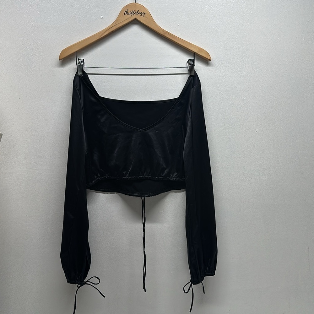 Intimately Free People FP Crop Top Satin Long Sleeve Cropped Blouse Black Small